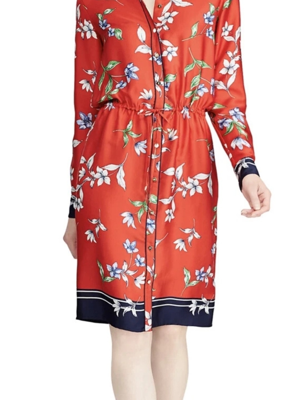 Lauren Ralph Lauren Red Floral Drawstring Shirt Dress with Navy Trim